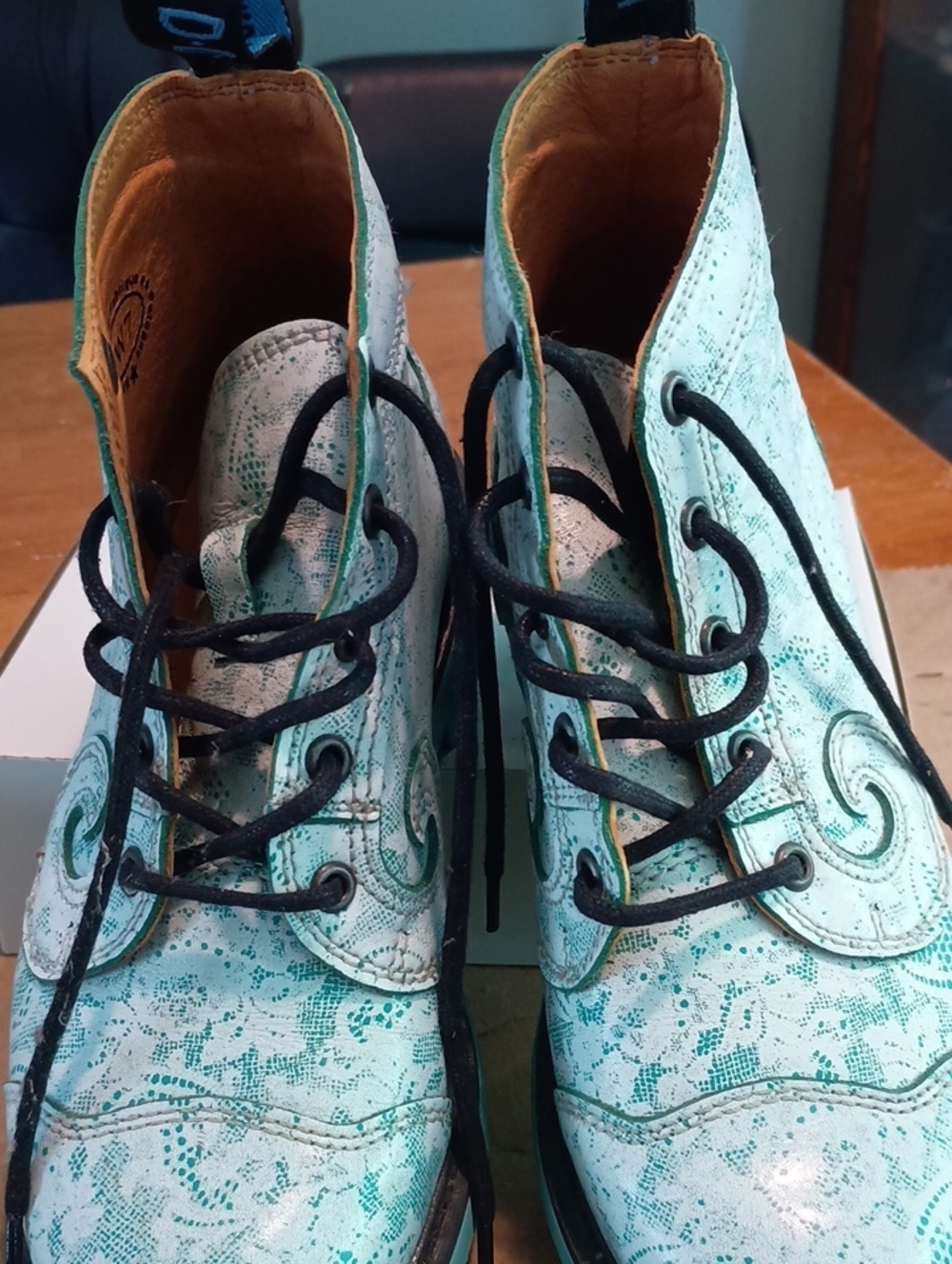John Fluevog Teal Lace-Pattern Lace-Up Ankle Boots
